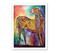 Artery8 Colourful Cheetah Folk Art Watercolour Painting Artwork Framed Wall Art Print 18X24 Inch