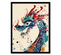 Artery8 Colourful Chinese Dragon Watercolour Paint Splat For Living Room Artwork Framed Wall Art Print A4