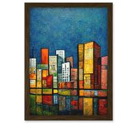 Artery8 Colourful Cityscape Building Blocks Reflecting On Water Artwork Framed Wall Art Print A4 in Brown Artery8 Brown