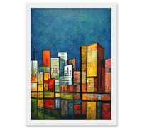 Artery8 Colourful Cityscape Building Blocks Reflecting On Water Artwork Framed Wall Art Print A4 in White Artery8 White