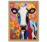 Artery8 Colourful Cow Bright Bold Floral Portrait Acrylic Painting Vibrant Folk Art Flower Artwork Friesian Kids Bedroom Artwork Framed A3 Wall Art Print