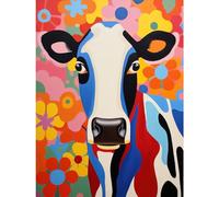 Artery8 Colourful Cow Bright Bold Floral Portrait Acrylic Painting Vibrant Folk Art Flower Artwork Friesian Kids Bedroom Premium Wall Art Canvas Print 18X24 Inch