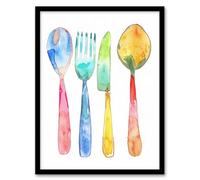 Artery8 Colourful Cutlery Fork Knife Spoon Watercolour Kitchen Artwork Framed Wall Art Print 18X24 Inch