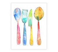 Artery8 Colourful Cutlery Fork Knife Spoon Watercolour Kitchen Extra Large XL Wall Art Poster Print