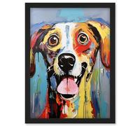Artery8 Colourful Dog Portrait Artwork by Jason Brydson Happy Face Oil Painting Bold Bright Vibrant Artwork Framed Wall Art Print A4