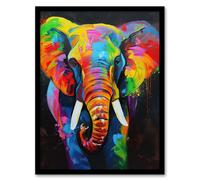 Artery8 Colourful Elephant Vibrant Psychedelic Painting Living Room Artwork Framed Wall Art Print A4
