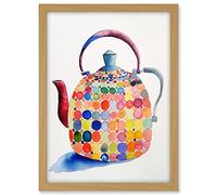Artery8 Colourful Enamelled Teapot Tea Kettle Folk Art Watercolour Painting Artwork Framed A3 Wall Art Print