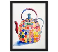 Artery8 Colourful Enamelled Teapot Tea Kettle Folk Art Watercolour Painting Artwork Framed A3 Wall Art Print