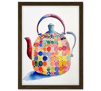 Artery8 Colourful Enamelled Teapot Tea Kettle Folk Art Watercolour Painting Artwork Framed A3 Wall Art Print