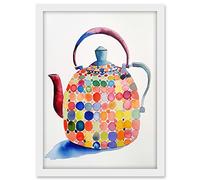 Artery8 Colourful Enamelled Teapot Tea Kettle Folk Art Watercolour Painting Artwork Framed A3 Wall Art Print