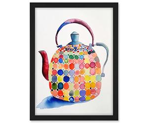 Artery8 Colourful Enamelled Teapot Tea Kettle Folk Art Watercolour Painting Artwork Framed A3 Wall Art Print