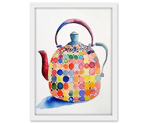 Artery8 Colourful Enamelled Teapot Tea Kettle Folk Art Watercolour Painting Artwork Framed A3 Wall Art Print