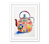 Artery8 Colourful Enamelled Teapot Tea Kettle Folk Art Watercolour Painting Artwork Framed Wall Art Print 18X24 Inch