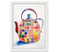 Artery8 Colourful Enamelled Teapot Tea Kettle Folk Art Watercolour Painting Artwork Framed Wall Art Print A4 in White Artery8 White