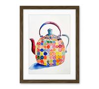 Artery8 Colourful Enamelled Teapot Tea Kettle Folk Art Watercolour Painting Artwork Framed Wall Art Print 18X24 Inch