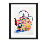 Artery8 Colourful Enamelled Teapot Tea Kettle Folk Art Watercolour Painting Artwork Framed Wall Art Print 18X24 Inch