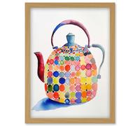 Artery8 Colourful Enamelled Teapot Tea Kettle Folk Art Watercolour Painting Artwork Framed Wall Art Print A4 in Light Oak Artery8 Light Oak
