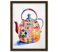 Artery8 Colourful Enamelled Teapot Tea Kettle Folk Art Watercolour Painting Artwork Framed Wall Art Print A4 in Brown Artery8 Brown