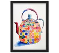 Artery8 Colourful Enamelled Teapot Tea Kettle Folk Art Watercolour Painting Artwork Framed Wall Art Print A4 in Black Artery8 Black