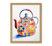 Artery8 Colourful Enamelled Teapot Tea Kettle Folk Art Watercolour Painting Artwork Framed Wall Art Print 18X24 Inch