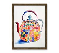Artery8 Colourful Enamelled Teapot Tea Kettle Folk Art Watercolour Painting Artwork Framed Wall Art Print 18X24 Inch