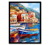 Artery8 Colourful Fishing Village Oil Painting Harbour Living Room Art Print Framed Poster Wall Decor 12x16 inch