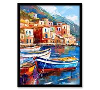 Artery8 Colourful Fishing Village Oil Painting Harbour Living Room Artwork Framed Wall Art Print A4
