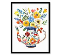 Artery8 Colourful Flower Bouquet in Floral Teapot Vase Framed Art Print | Size: W12" x H16" Artery8 Multicolor W12" x H16"