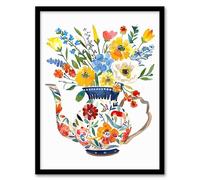 Artery8 Colourful Flower Bouquet in Floral Teapot Vase Kitchen Artwork Framed Wall Art Print A4