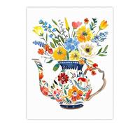 Colourful Flower Bouquet in Floral Teapot Vase Wall Art Print Artery8 Multi W24 inch x H32 inch