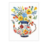 Artery8 Colourful Flower Bouquet in Floral Teapot Vase Wall Art Print | Size: W12" x H16" Artery8 Multicolor W12" x H16"