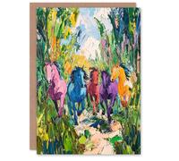 Artery8 Greeting Card Colourful Horses Running Through Forest Abstract Blank For Him Or Her Art Birthday Card