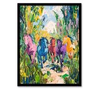 Colourful Horses Running Through Forest Abstract Framed Art Print Artery8 Green A4