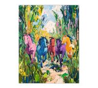 Colourful Horses Running Through Forest Abstract Wall Art Print Artery8 Green W24 inch x H32 inch