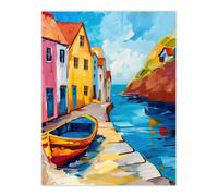 Artery8 Colourful Houses Boat English Seaside Town Wall Art Print | Size: W12" x H16" Artery8 Multicolor W12" x H16"