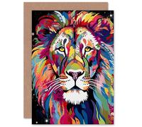 Artery8 Colourful Lion Folk Portrait for Husband Him Dad Son Brother Birthday Congratulations Fathers Day Blank Art Greeting Card