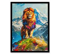 Artery8 Colourful Lion Nature Animal Lover Mountain King Framed Art Print in Blue | Size: A4 Artery8 Blue A4