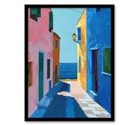 Artery8 Colourful Mediterranean Spanish Coastal Painting Framed Art Print | Size: W12" x H16" Artery8 Multicolor W12" x H16"