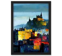 Doppelganger33 LTD Colourful Modern Edinburgh Castle Cityscape Acrylic Painting Artwork Framed Wall Art Print A4