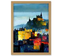 Colourful Modern Edinburgh Castle Cityscape Acrylic Painting Artwork Framed Wall Art Print A4 Artery8 Light Oak One Size