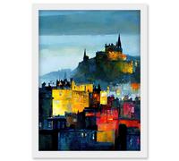 Colourful Modern Edinburgh Castle Cityscape Acrylic Painting Artwork Framed Wall Art Print A4 Artery8 White One Size