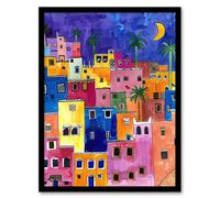 Artery8 Colourful Moroccan Cityscape At Night Watercolour Framed Art Print | Size: W12" x H16" Artery8 Multicolor W12" x H16"