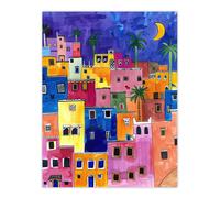 Colourful Moroccan Cityscape At Night Watercolour Wall Art Print Artery8 Multi W24 inch x H32 inch