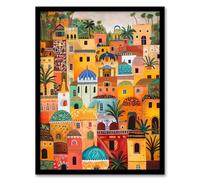 Artery8 Colourful Moroccan Cityscape Painting Exotic Sun Living Room Art Print Framed Poster Wall Decor 12x16 inch