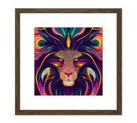Artery8 Colourful Multicoloured New Age Folk Style Lion Face Mane Portrait Illustration Square Wooden Framed Wall Art Print Picture 8X8 Inch in Brown Artery8 Brown
