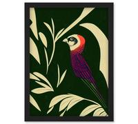 Artery8 Colourful Parakeet & Tropical Plant Leaves Vintage Linocut Pattern Detail Artwork Framed Wall Art Print A4 in Black Artery8 Black