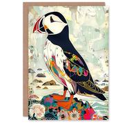 Artery8 Colourful Patterned Puffin Artwork Mosaic Floral Greeting Birthday Card Him Her All Blank