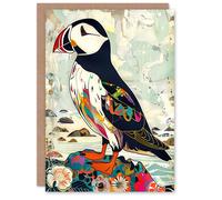 Artery8 Colourful Patterned Puffin Artwork Mosaic Floral Greeting Birthday Card Him Her All Blank