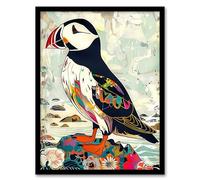 Artery8 Colourful Patterned Puffin Artwork Mosaic Floral Living Room Artwork Framed Wall Art Print A4