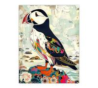 Artery8 Colourful Patterned Puffin Artwork Mosaic Floral Living Room Large Wall Art Poster Print Thick Paper 18X24 Inch